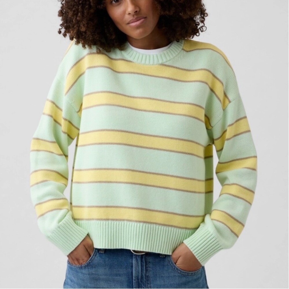 GAP Sweater Womens XS Mint Green Striped Crew Neck Pullover Relaxed Fit
